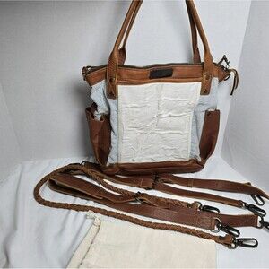 Nena and Co Convertible Day Tote Bag Denim MTPB Cafe Leather Tan w/ Adj Straps